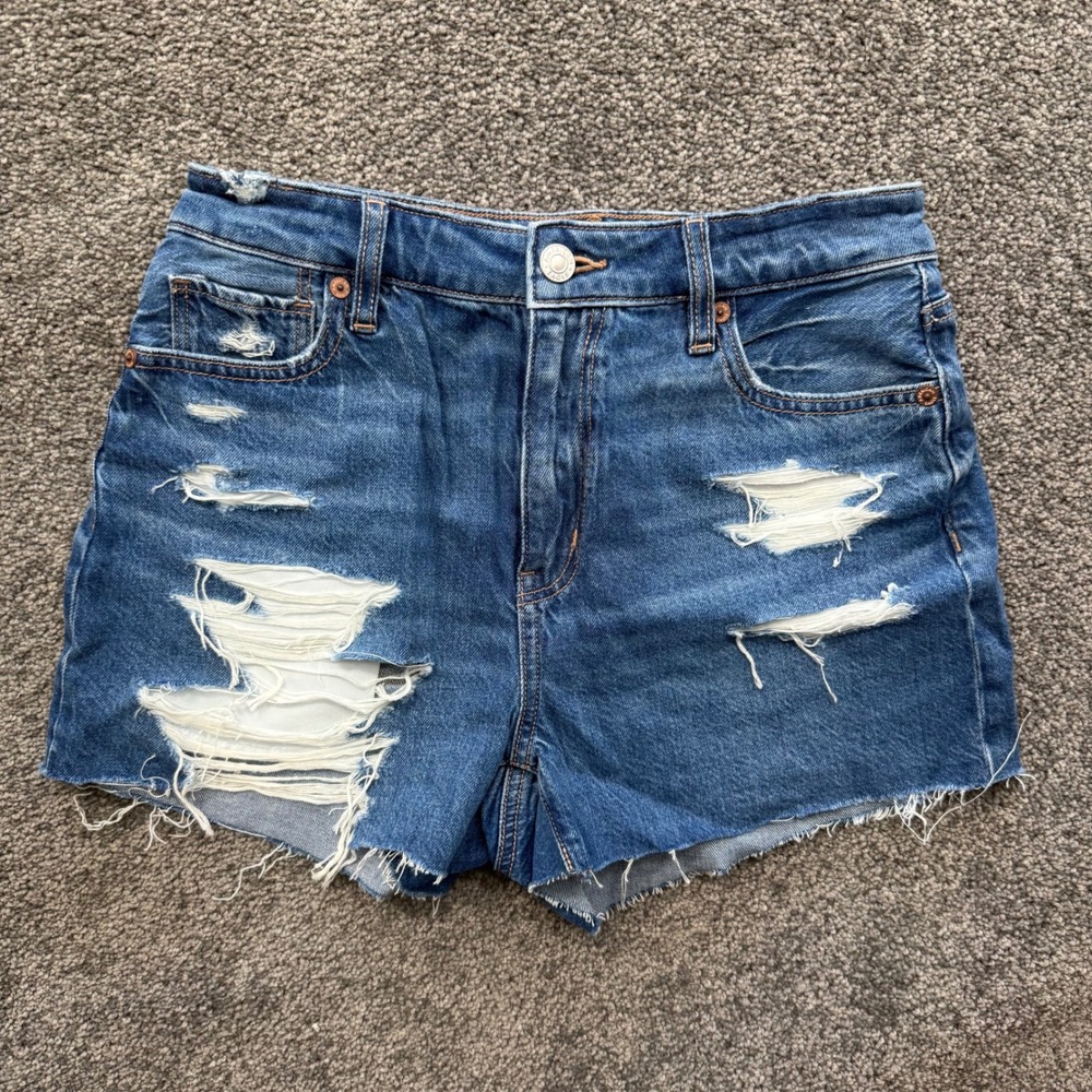 American Eagle Strigid Mom Shorts Womens 0 Distressed High Waisted Denim Blue